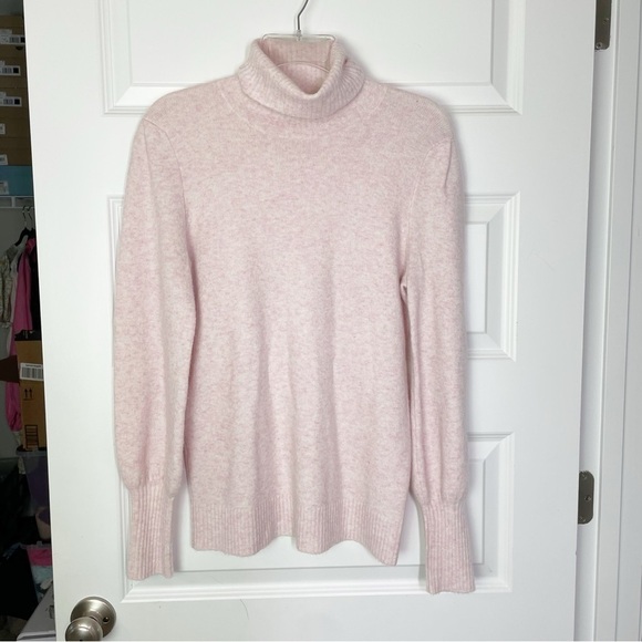 J. Crew Factory Heathered Pink Soft Wool Blend Puff-Sleeve Turtleneck Sweater - Picture 2 of 7